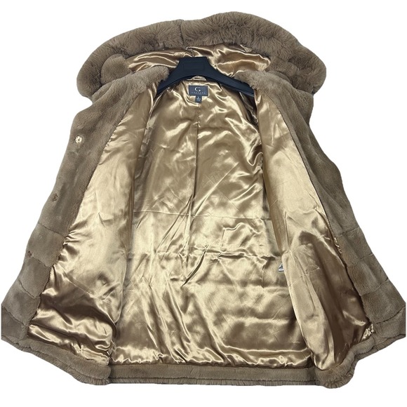 Gallery New York Womens L Hooded Faux Fur Coat Tan Plush Warm Satin Lined Jacket - Picture 5 of 16